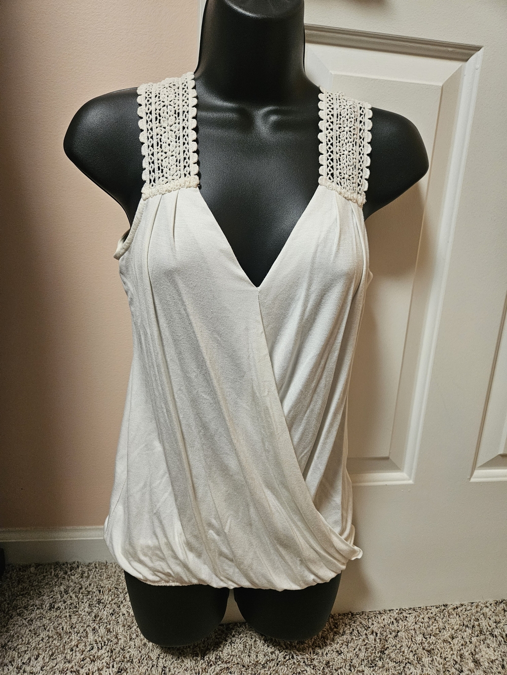 Women's Cream Crochet Strap Surplice Tank Top